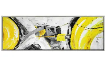 Tableau abstrait jaune moutarde et gris, avec des formes dynamiques et des coups de pinceau audacieux.