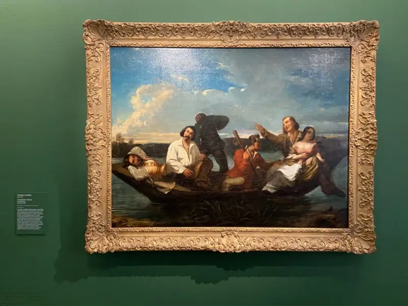 Gustave Courbet dépeint des voyageurs sur une barque, sous un ciel nuageux. L'un d'eux semble endormi, tandis que les autres conversent.