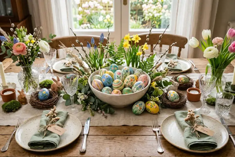 Décoration œuf de Pâques peinture : table dressée avec des œufs peints à la main, fleurs printanières et lapins en céramique.