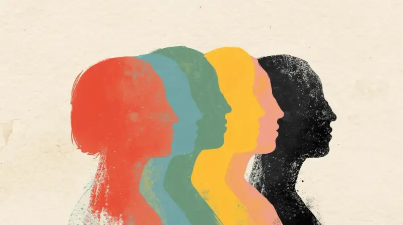 Un tableau contemporain abstrait de silhouettes de visages colorés, alignées et se superposant, évoquant la diversité et l'unité.
