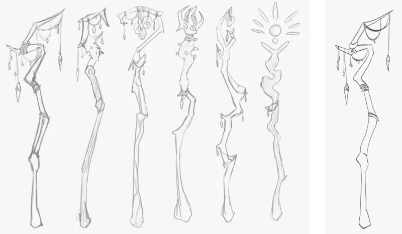 Divers croquis de bâtons magiques, certains ornés de crânes et de pendentifs, d'autres avec des formes organiques ou solaires. L'artiste explore différentes idées pour faire des croquis.