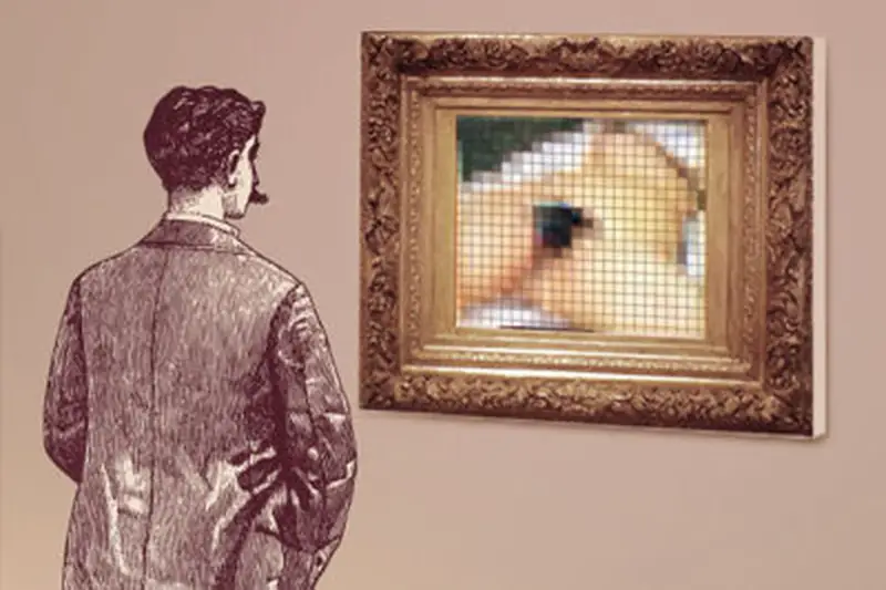 Un homme contemple un tableau pixelisé, une évocation de l'origine du monde.