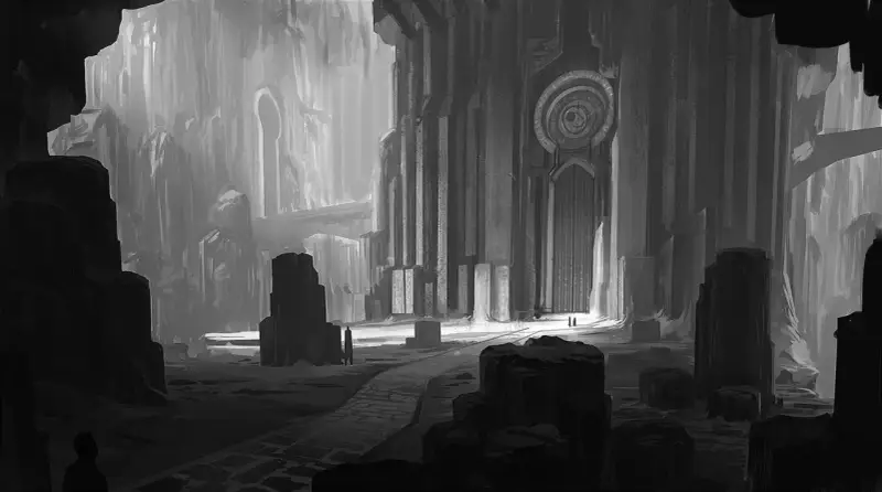 Dessin sur papier noir d'une immense salle ornée de colonnes et d'une porte monumentale. Deux silhouettes s'approchent de l'entrée lumineuse.