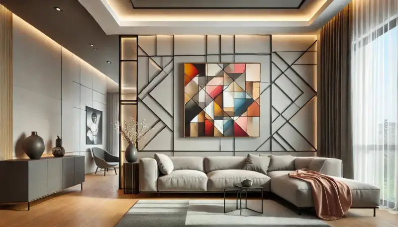 Un salon moderne avec un tableau panoramique abstrait aux formes géométriques colorées, un canapé gris et des lumières d'ambiance.