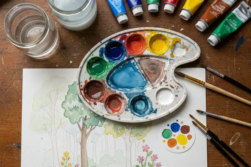 Palette de gouache peinture avec des couleurs vives, des pinceaux et une esquisse de paysage forestier.