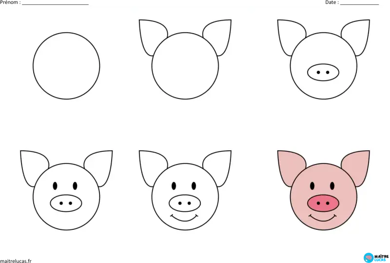 Étapes pour un dessin facile de cochon : un cercle, des oreilles, un groin, des yeux, puis un sourire.