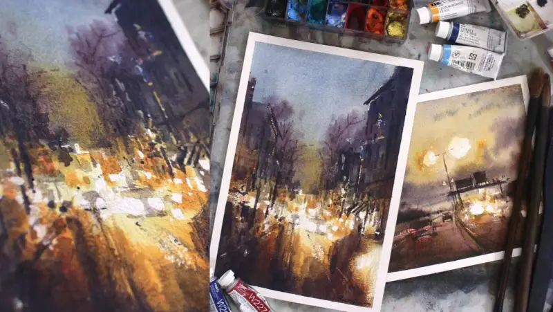 Peinture d'une ville connue la nuit, avec des lumières vives et des silhouettes sombres. L'artiste capture l'atmosphère d'une rue animée.